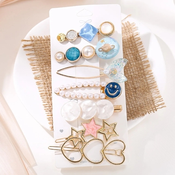 Fashion Jewelry Accessories - 7 Barrette Set Hearts Stars Smiley Face Hair Clips Blue